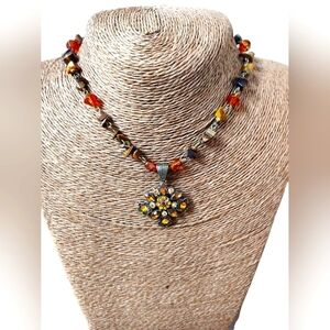 Vintage Beaded Necklace with Multicolor Crystal Pendant 16-18"